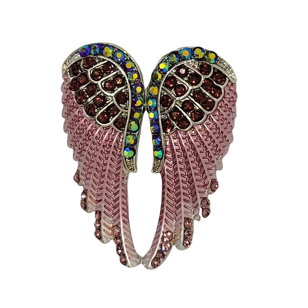 Silver Tone Multi-Color Crystal Enamel Hand Painted Angel Wings Pin Brooch